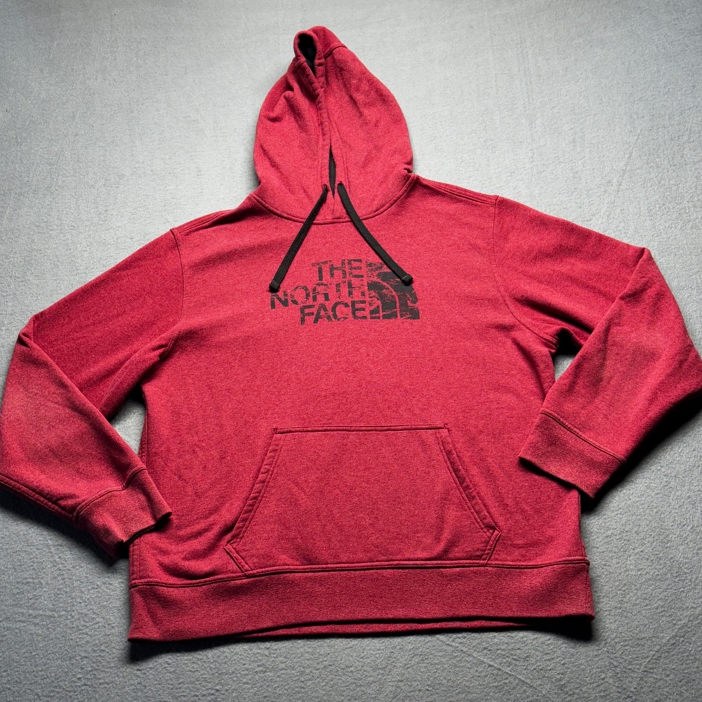 The North Face Mens XL Hoodie Red Pullover Distressed Logo Sweatshirt FA15 SMU‎
